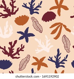 Abstract trendy seamless pattern with random different shapes and silhouettes of marine habitats in warm earthy colors. Brown, beige, dark blue, mustard, pastel. Modern textile, branding, packaging.