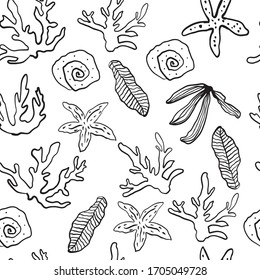 Abstract trendy seamless pattern with random different shapes and silhouettes of marine habitats in black and white colours. Modern textile, branding, packaging.