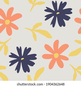 Abstract trendy seamless pattern with random different silhouettes of floral elements  in warm earthy colours. Yellow, beige, dark blue, pink, pastel. Modern textile, branding, packaging.
