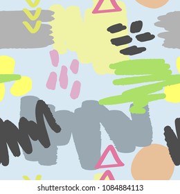 Abstract trendy seamless pattern. Repeated watercolour scribbles, geometric shapes, brush strokes. Grunge, sketch, watercolor, paint. Modern vector illustration.