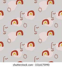 Abstract trendy seamless pattern with shapes, lines, rainbows and silhouettes of human's sleeping faces in warm earthy colours. Brown, beige, brick, terracotta, pink, pastel. Modern textile, branding.