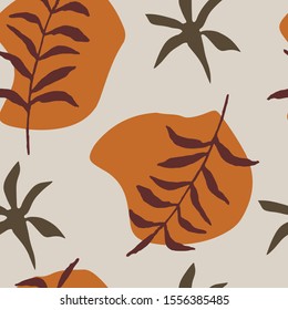 Abstract trendy seamless pattern with shapes and silhouettes of tropical plants in warm earthy colours. Brown, beige, dark green, terracotta. Modern textile, branding, packaging. Illustration clipart.