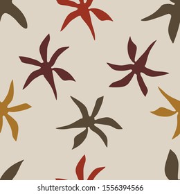 Abstract trendy seamless pattern with  silhouettes of tropical flowers in warm earthy colours. Brown, beige, dark green, terracotta, mustard. Modern textile, branding, packaging. Illustration clipart.