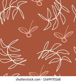 Abstract trendy seamless pattern with silhouettes of tropical plants in warm colours. Brown, beige, cream. Modern textile, branding, packaging, wrapping paper, other decoration and design projects. 