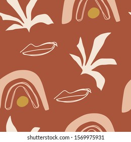 Abstract trendy seamless pattern with silhouettes of tropical plants, drawn rainbows in warm colours. Modern textile, branding, packaging, wrapping paper, other decoration and design projects. 