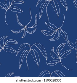 Abstract trendy seamless pattern with silhouettes of tropical plants in one line style. Mono line minimalistic style. Simple design illustration of different floral elements. 