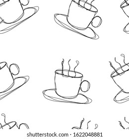 Abstract trendy seamless pattern with silhouettes of cups with hot drink in one line style. Mono line minimalistic style. Simple design illustration. 