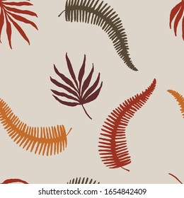 Abstract trendy seamless pattern with silhouettes of tropical plants in warm earthy colours. Brown, beige, dark green, terracotta. Modern textile, branding, packaging. Illustration clipart.