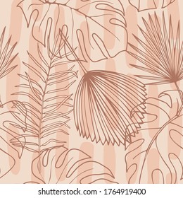 Abstract trendy seamless pattern tropical branches and leaves monstera, palm, banana. Pastel spots and patterns of brush strokes. Hand-drawn in line art style.