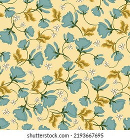 Abstract trendy seamless pattern with  of tropical plants in warm earthy colors. Yellow, beige, light blue, green, mustard.  Vector illustration. Modern textile, branding, packaging, wallpapers