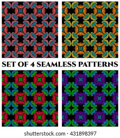 Abstract trendy seamless patterns with blue, red, pink, orange, yellow, green and violet shades decorative elements on black background