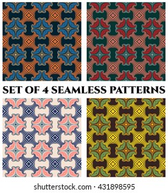 Abstract trendy seamless patterns with decorative ornament of blue, orange, beige, red, pink, teal, green, yellow and black shades