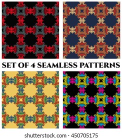 Abstract trendy seamless patterns with decorative ornament of grey, red, black, blue, orange, beige, yellow and green shades