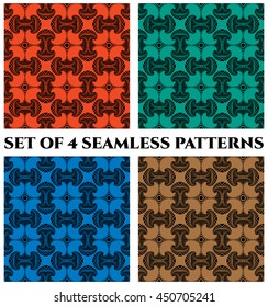 Abstract trendy seamless patterns with fractal decorative elements of red, green, blue and brown shades