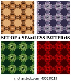 Abstract trendy seamless patterns with fractal decorative elements of green, red, blue and brown shades