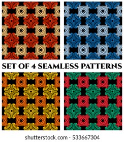 Abstract trendy seamless patterns with orange, beige, blue, yellow, red and green shades decorative elements on black background