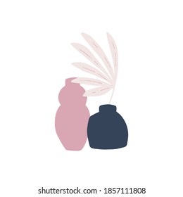 Abstract trendy shape hand drawn vector illustration. Interior design elements. Palm leaf, vase isolated on white background. Scandinavian minimalism style. Modern print, boho poster. Home decor