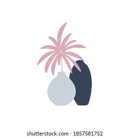 Resumen de la forma de moda ilustración vectorial dibujada a mano. Elementos de diseño interior. Hojas de palma, jarrón aislado de fondo blanco. Estilo minimalista escandinavo. Impresión moderna, afiche de boho. Decoración del hogar
