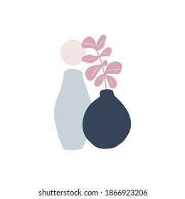 Resumen de la forma de moda ilustración vectorial dibujada a mano. Elementos de diseño interior. Hoja de planta, jarrón aislado en fondo blanco. Estilo minimalista escandinavo. Impresión moderna, afiche de boho. Decoración del hogar