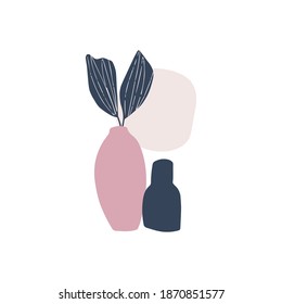 Resumen de la forma de moda ilustración vectorial dibujada a mano. Elementos de diseño interior. Hoja de planta, jarrón aislado en fondo blanco. Estilo minimalista escandinavo. Impresión moderna, afiche de boho. Decoración del hogar