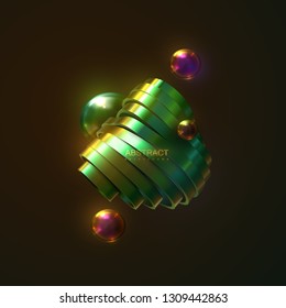 Abstract trendy shape. Sliced surface. Vector futuristic illustration. Dynamic metallic structure with iridescent effect . 3d relief with curved ribbons. Decoration element. Modern cover design