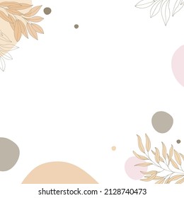 Abstract trendy square background with watercolor stains, branches, leaves and plants. Background for a minimalistic style of mobile application, beauty salon. Editable vector illustration.