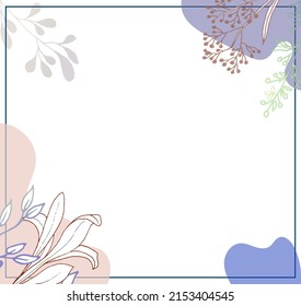 Abstract trendy square background with watercolor stains, branches, leaves and plants. Background for a minimalistic style of mobile application, beauty salon. Editable vector illustration.