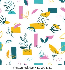 Abstract trendy style geometry seamless pattern background with leaves. Trendy creative vector