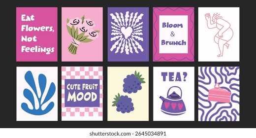 Abstract Trendy summer designs combining fun typography with delicious produce – strawberries, tomatoes, broccoli, and more – ideal for social media or poster templates.

