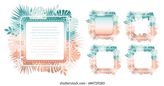 Abstract trendy template with gradient backgrounds and tropical leaves. Square frame space for text. Fashion design