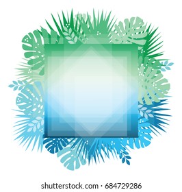 Abstract trendy template with gradient backgrounds and tropical leaves. Square poster with transparent geometric shapes