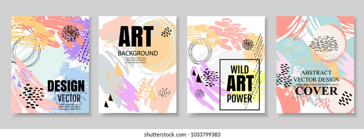 Abstract trendy universal art header template. Collage made with scribbles, marker, canyon strokes, black geometric shapes, blots and artistic elements. Bright colored background cover template.