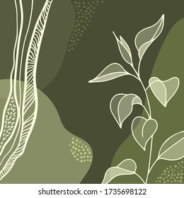 Resumen del fondo de la plantilla de arte universal de moda con ramas y hojas. Manchas multicolores y patrones de puntos. Plantas y lianas dibujadas a mano