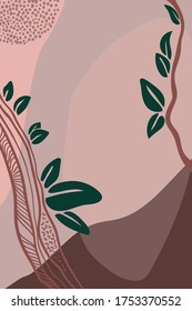Abstract trendy universal art template background with branches and leaves. Multi-colored spots and patterns of dots. Hand-drawn plants and creepers