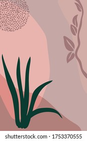 Resumen del fondo de la plantilla de arte universal de moda con ramas y hojas. Manchas multicolores y patrones de puntos. Plantas y lianas dibujadas a mano