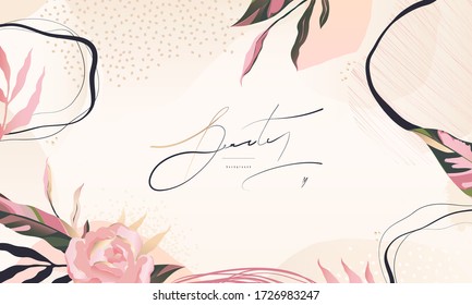 Abstract trendy universal artistic background template with flowers. Pastel rose and pink brush strokes. Modern fashionable design. 