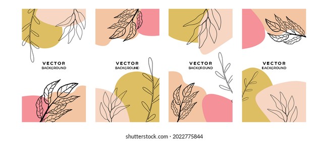 Abstrakte trendige, universelle künstlerische Hintergrundvorlagen mit Blumen, Blättern, organischen Stoffen, handgezeichnet und Linien. Gut geeignet für Bedeckung, Einladung, Banner, Plakatwerbung, Poster, Karte, Flyer und mehr