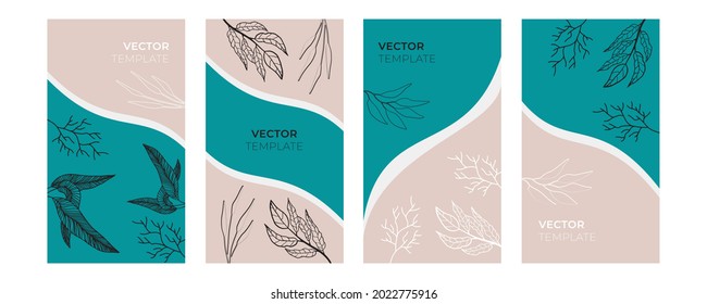 Abstract trendy universal artistic background templates with floral, leaves, organic, hand drawn, and lines. Good for cover, invitation, banner, placard, brochure, poster, card, flyer and more