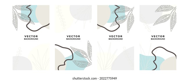 Resumen de plantillas de fondo artístico universal de moda con flores, hojas, orgánicas, dibujadas a mano y líneas. Es bueno para la portada, la invitación, el banner, el cartel, el folleto, el cartel, la tarjeta, el volante y más