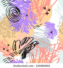 Abstract trendy universal vector seamless pattern. Modern design with handwritten shapes and artistic elements, scribbles, marker strokes and colorful staines.