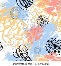 Abstract trendy universal vector seamless pattern. Modern design with handwritten shapes and artistic elements, scribbles, marker strokes.