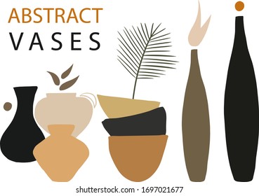 Abstract trendy vases with leaves. 