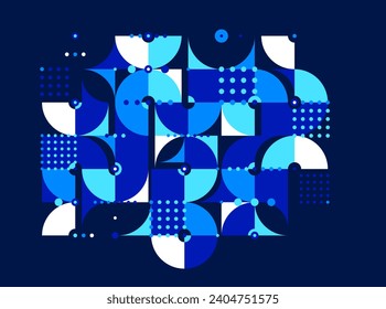 Abstract trendy vector background, modular geometric tiles composition over dark, dotted mosaic with circles and triangles wallpaper.