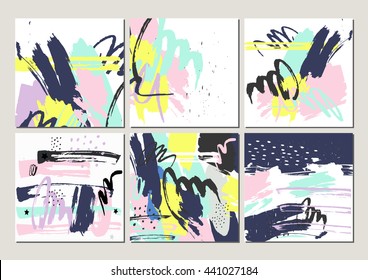 Abstract trendy vector background set of cards, hand crafted, bright colors, hipster style lettering. birthday, wedding, isolated, web template