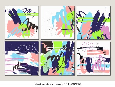 Abstract trendy vector background set of cards, hand crafted, bright colors, hipster style lettering. birthday, wedding, isolated, web template