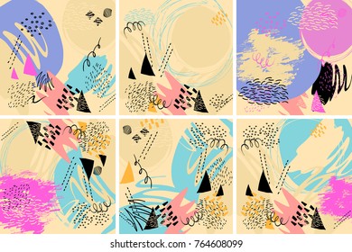Abstract trendy vector background set  with brush strokes and hand drawn textures in memphis style. Universal fashion retro design for card, invitation, poster, flyer, banner, broshure and more.