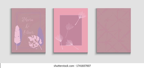 Abstract Trendy Vector Banners Set. Hand Drawn Asian Background. Geometric Border Pattern. Noble Banana Leaves Invitation Template. Oriental Style Invitation. Tie-Dye, Tropical Leaves Flyers.