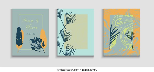 Abstract Trendy Vector Banners Set. Oriental Style Invitation. Geometric Frame Texture. Tie-Dye, Tropical Leaves Cards. Minimal Banana Leaves Invitation Layout. Hand Drawn Vintage Background.