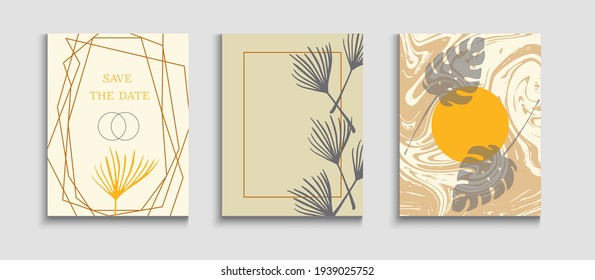 Resumen De Banners De Vectores De Moda Set. Invitación al estilo oriental. Tintes, Tejidos Tropicales. Fondo De Hipster De Mano. Patrón de marco geométrico. Suave Monstera deja plantilla de revista.