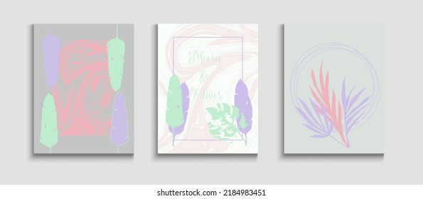 Resumen De Banners De Vectores De Moda Set. La Mano Dibujó Antecedentes Asiáticos. Patrón de borde geométrico. Carteles de tinte, hojas tropicales. Cool Monstera Deja Plantilla De Invitación. Invitación al estilo japonés.